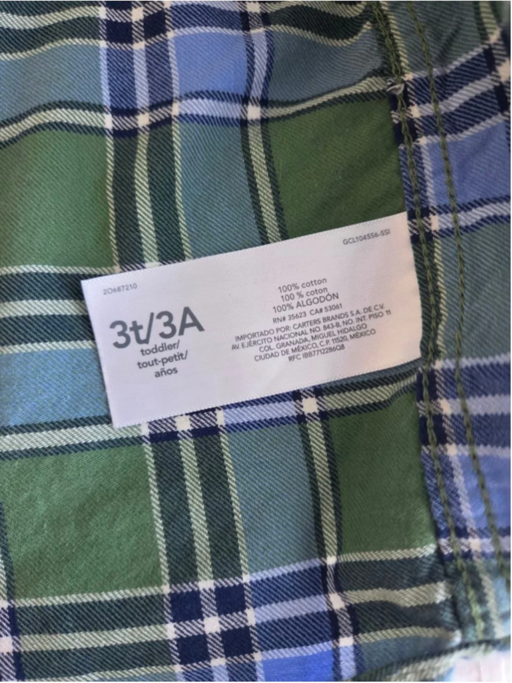 Carter's Boys Plaid Button Down Shirt Size 3T Green Blue 100% Cotton